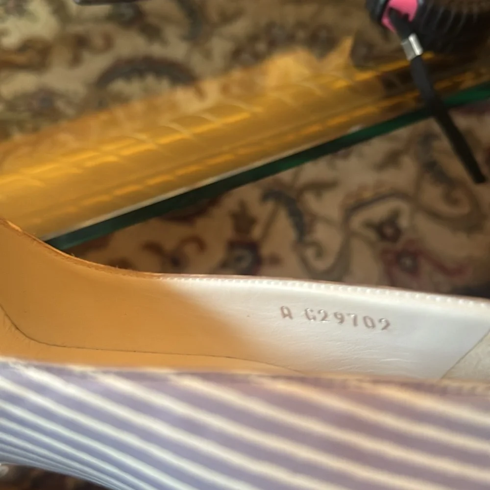CHANEL blue and White Striped 5” Heels